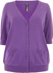 Purple Cotton Cardigan - neckline: low v-neck; pattern: plain; length: below the bottom; hip detail: front pockets at hip; predominant colour: purple; occasions: casual, work; style: standard; fibres: cotton - mix; fit: standard fit; sleeve length: half sleeve; sleeve style: standard; texture group: knits/crochet; pattern type: knitted - fine stitch