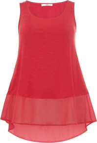 Pink Chiffon Hem Vest - neckline: round neck; pattern: plain; sleeve style: sleeveless; length: below the bottom; predominant colour: coral; occasions: casual, evening, work, holiday; fibres: polyester/polyamide - stretch; fit: loose; style: a-line; hip detail: contrast fabric/print detail at hip; back detail: longer hem at back than at front; sleeve length: sleeveless; pattern type: fabric; texture group: jersey - stretchy/drapey