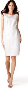 Per Una Speziale Linen Blend Cornelli Shift Dress - style: shift; neckline: round neck; fit: tailored/fitted; pattern: plain; sleeve style: sleeveless; shoulder detail: contrast pattern/fabric at shoulder; predominant colour: white; occasions: casual; length: just above the knee; fibres: linen - mix; sleeve length: sleeveless; texture group: linen; pattern type: fabric