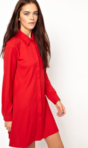 Swing Shirt Dress - style: shirt; length: mid thigh; neckline: shirt collar/peter pan/zip with opening; fit: loose; pattern: plain; predominant colour: true red; occasions: casual, evening, work; fibres: polyester/polyamide - 100%; sleeve length: long sleeve; sleeve style: standard; pattern type: fabric; texture group: other - light to midweight
