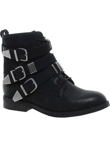Atik Leather Ankle Boots - predominant colour: black; occasions: casual; material: leather; heel height: mid; embellishment: buckles; heel: block; toe: round toe; boot length: ankle boot; style: standard; finish: plain; pattern: plain