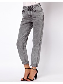 Mom Jeans In Acid Wash Grey - style: boyfriend; length: standard; pattern: plain; waist: high rise; pocket detail: traditional 5 pocket; predominant colour: mid grey; occasions: casual; fibres: cotton - 100%; texture group: denim; pattern type: fabric