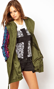 Embroidered Sleeve Festival Parka - hip detail: side pockets at hip; fit: loose; style: parka; back detail: hood; collar: high neck; length: mid thigh; predominant colour: khaki; secondary colour: khaki; occasions: casual; fibres: cotton - 100%; waist detail: belted waist/tie at waist/drawstring; sleeve length: long sleeve; sleeve style: standard; texture group: cotton feel fabrics; trends: statement prints; collar break: high; pattern type: fabric; pattern size: light/subtle; pattern: patterned/print; embellishment: embroidered