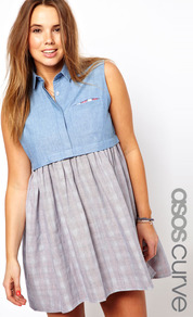 Curve Stripe Chambray Skater Dress With Check Underlay - style: shirt; length: mid thigh; neckline: shirt collar/peter pan/zip with opening; sleeve style: sleeveless; pattern: checked/gingham; waist detail: twist front waist detail/nipped in at waist on one side/soft pleats/draping/ruching/gathering waist detail; predominant colour: lilac; secondary colour: pale blue; occasions: casual, holiday; fit: soft a-line; fibres: cotton - 100%; bust detail: contrast pattern/fabric/detail at bust; sleeve length: sleeveless; texture group: cotton feel fabrics; pattern type: fabric; pattern size: light/subtle