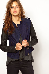 Hilfiger Denim Biker Jacket - pattern: plain; style: biker; shoulder detail: obvious epaulette; collar: asymmetric biker; fit: slim fit; predominant colour: navy; secondary colour: black; occasions: casual; length: standard; fibres: cotton - 100%; sleeve length: long sleeve; sleeve style: standard; texture group: denim; collar break: high/illusion of break when open; pattern type: fabric; pattern size: standard