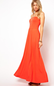 Bandeau Maxi Dress - neckline: strapless (straight/sweetheart); pattern: plain; style: maxi dress; sleeve style: strapless; length: ankle length; predominant colour: bright orange; occasions: casual, holiday; fit: fitted at waist & bust; fibres: viscose/rayon - stretch; hip detail: soft pleats at hip/draping at hip/flared at hip; sleeve length: sleeveless; trends: fluorescent; pattern type: fabric; texture group: jersey - stretchy/drapey