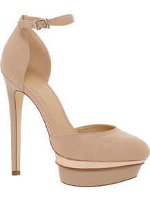 Parody Platforms - predominant colour: nude; secondary colour: gold; occasions: evening, occasion; material: faux leather; ankle detail: ankle strap; heel: platform; toe: round toe; style: courts; finish: plain; pattern: plain; heel height: very high