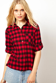Check Shirt - neckline: shirt collar/peter pan/zip with opening; pattern: checked/gingham; style: shirt; predominant colour: true red; secondary colour: black; occasions: casual; length: standard; fibres: cotton - 100%; fit: straight cut; sleeve length: 3/4 length; sleeve style: standard; texture group: cotton feel fabrics; pattern type: fabric; pattern size: big & busy; embellishment: studs