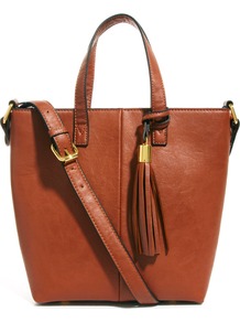 Mini Tote Bag With Tassel Detail - predominant colour: tan; occasions: casual, work; style: tote; length: handle; size: small; material: faux leather; embellishment: tassels; pattern: plain; finish: plain
