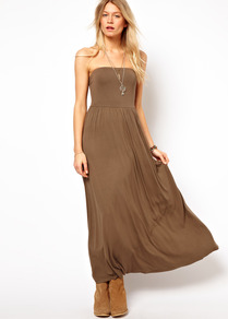 Bandeau Maxi Dress - neckline: strapless (straight/sweetheart); pattern: plain; style: maxi dress; sleeve style: strapless; predominant colour: khaki; occasions: casual, evening, holiday; length: floor length; fit: fitted at waist & bust; fibres: viscose/rayon - stretch; sleeve length: sleeveless; pattern type: fabric; texture group: jersey - stretchy/drapey