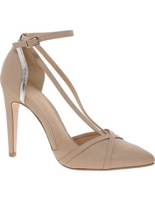 Pardon Pointed High Heels - predominant colour: nude; secondary colour: silver; occasions: evening, occasion; material: faux leather; heel height: high; ankle detail: ankle strap; heel: stiletto; toe: pointed toe; style: courts; finish: plain; pattern: colourblock
