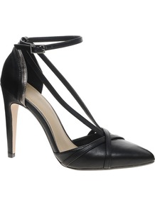Pardon Pointed High Heels - predominant colour: black; occasions: evening, work, occasion; material: faux leather; heel height: high; ankle detail: ankle strap; heel: stiletto; toe: pointed toe; style: courts; finish: plain; pattern: plain