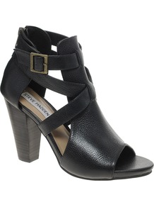 Springg Strap Heeled Sandals - predominant colour: black; occasions: casual, evening; material: leather; heel height: high; ankle detail: ankle strap; heel: block; toe: open toe/peeptoe; style: standard; finish: plain; pattern: plain