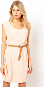 Embossed Belt Dress - sleeve style: wide vest straps; style: tea dress; fit: fitted at waist; pattern: plain; waist detail: belted waist/tie at waist/drawstring; predominant colour: blush; occasions: casual, evening, holiday; length: just above the knee; neckline: scoop; fibres: viscose/rayon - 100%; sleeve length: sleeveless; pattern type: fabric; texture group: jersey - stretchy/drapey