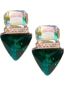 Jewelled Triangle Stud Earrings - predominant colour: dark green; occasions: casual, evening, occasion, holiday; style: drop; length: mid; size: standard; material: chain/metal; fastening: pierced; finish: plain; embellishment: jewels; secondary colour: clear