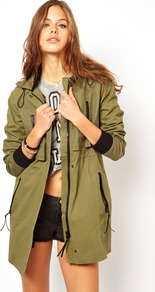 Casual Parka With Leather Look Trims - pattern: plain; length: below the bottom; fit: loose; style: parka; back detail: hood; collar: high neck; predominant colour: khaki; occasions: casual; fibres: cotton - 100%; sleeve length: long sleeve; sleeve style: standard; texture group: cotton feel fabrics; collar break: high; pattern type: fabric