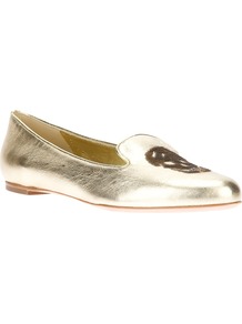 Sequined Skull Slipper - predominant colour: gold; occasions: casual, evening, holiday; material: leather; heel height: flat; embellishment: sequins; toe: round toe; style: loafers; trends: metallics; finish: metallic; pattern: plain