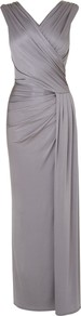Minueta Dress, Pewter - neckline: v-neck; pattern: plain; sleeve style: sleeveless; style: maxi dress; back detail: low cut/open back; waist detail: twist front waist detail/nipped in at waist on one side/soft pleats/draping/ruching/gathering waist detail; bust detail: ruching/gathering/draping/layers/pintuck pleats at bust; predominant colour: mid grey; secondary colour: mid grey; occasions: evening, occasion; length: floor length; fit: body skimming; fibres: viscose/rayon - stretch; sleeve length: sleeveless; hip detail: ruffles/tiers/tie detail at hip; pattern type: fabric; pattern size: standard; texture group: other - stretchy
