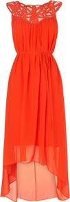 Lois Battenberg Dress, Tangerine - neckline: round neck; fit: fitted at waist; pattern: plain; sleeve style: sleeveless; waist detail: belted waist/tie at waist/drawstring; bust detail: ruching/gathering/draping/layers/pintuck pleats at bust; predominant colour: bright orange; occasions: casual, evening, occasion, holiday; length: on the knee; style: asymmetric (hem); fibres: polyester/polyamide - 100%; back detail: longer hem at back than at front; sleeve length: sleeveless; texture group: sheer fabrics/chiffon/organza etc.; trends: fluorescent; pattern type: fabric; embellishment: embroidered