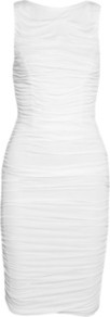 Mesh Paneled Ruched Jersey Dress - neckline: slash/boat neckline; fit: tight; pattern: plain; sleeve style: sleeveless; style: bodycon; waist detail: twist front waist detail/nipped in at waist on one side/soft pleats/draping/ruching/gathering waist detail; bust detail: ruching/gathering/draping/layers/pintuck pleats at bust; predominant colour: white; occasions: casual, evening, occasion, holiday; length: on the knee; fibres: viscose/rayon - 100%; hip detail: ruching/gathering at hip; sleeve length: sleeveless; pattern type: fabric; texture group: jersey - stretchy/drapey