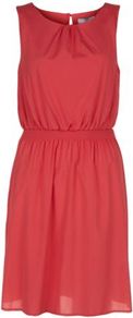 Bright Pink Shirred Waist Chiffon Dress - style: shift; neckline: round neck; fit: fitted at waist; pattern: plain; sleeve style: sleeveless; waist detail: elasticated waist; bust detail: ruching/gathering/draping/layers/pintuck pleats at bust; predominant colour: hot pink; occasions: casual, holiday; length: just above the knee; fibres: polyester/polyamide - 100%; hip detail: soft pleats at hip/draping at hip/flared at hip; sleeve length: sleeveless; texture group: sheer fabrics/chiffon/organza etc.; pattern type: fabric