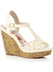 Cream Woven Strap Cork Wedges - predominant colour: ivory; occasions: casual, holiday; material: faux leather; heel height: high; ankle detail: ankle strap; heel: wedge; toe: open toe/peeptoe; style: strappy; finish: plain; pattern: plain