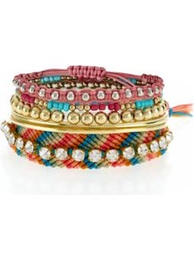 Multicoloured Woven Aztec Diamante Bracelet Stack - secondary colour: gold; occasions: casual, evening, holiday; predominant colour: multicoloured; style: friendship bracelet; size: standard; material: fabric; trends: metallics; finish: plain; embellishment: crystals