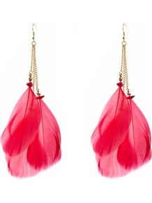 Pink Triple Feather Earrings - predominant colour: true red; secondary colour: gold; occasions: evening, work, holiday; style: drop; length: long; size: standard; material: chain/metal; fastening: pierced; trends: fluorescent; finish: plain; embellishment: feathers