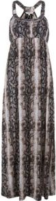 Brown Snake Print Maxi Dress - fit: empire; sleeve style: sleeveless; style: maxi dress; back detail: racer back/sports back; predominant colour: chocolate brown; secondary colour: stone; occasions: casual, evening, holiday; length: floor length; neckline: scoop; fibres: viscose/rayon - stretch; sleeve length: sleeveless; trends: statement prints; pattern type: fabric; pattern size: standard; pattern: animal print; texture group: jersey - stretchy/drapey