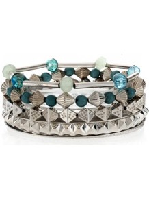Silver And Blue Bead Bracelet Stack - secondary colour: turquoise; predominant colour: silver; occasions: casual, evening, work, holiday; style: bangle; size: standard; material: chain/metal; trends: metallics; finish: plain; embellishment: beading