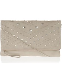 Grey Chevron Stud Fold Over Clutch - predominant colour: stone; occasions: casual, evening, occasion, holiday; type of pattern: light; style: clutch; length: hand carry; size: small; material: faux leather; embellishment: studs; pattern: plain; finish: plain