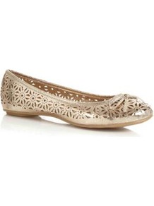 Gold Cut Out Ballet Pumps - predominant colour: gold; occasions: casual, evening, holiday; material: faux leather; heel height: flat; toe: round toe; style: ballerinas / pumps; trends: metallics; finish: metallic; pattern: plain