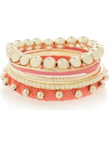 Coral And Gold Ball Bracelet Stack - predominant colour: coral; occasions: casual, evening, work, holiday; style: bangle; size: small/fine; material: chain/metal; trends: metallics; finish: metallic; embellishment: crystals; secondary colour: clear