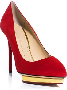 Debbie Suede Shoes - predominant colour: true red; secondary colour: gold; occasions: evening, occasion; material: suede; heel: platform; toe: pointed toe; style: courts; finish: plain; pattern: plain; heel height: very high
