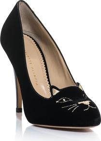 Kitty Embroidered Shoes - secondary colour: ivory; predominant colour: black; occasions: casual, evening, work, occasion; material: velvet; heel height: high; embellishment: embroidered; heel: stiletto; toe: round toe; style: courts; finish: plain; pattern: plain