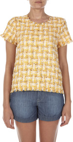 Daffodil Tweed T Shirt - neckline: round neck; style: t-shirt; pattern: herringbone/tweed; predominant colour: yellow; occasions: casual; length: standard; fibres: nylon - mix; fit: straight cut; sleeve length: short sleeve; sleeve style: standard; pattern type: fabric; pattern size: standard; texture group: tweed - bulky/heavy
