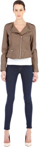 Collarless Faux Leather Biker - pattern: plain; style: biker; collar: asymmetric biker; length: cropped; fit: slim fit; predominant colour: taupe; occasions: casual, evening; fibres: polyester/polyamide - 100%; sleeve length: long sleeve; sleeve style: standard; texture group: leather; collar break: medium; pattern type: fabric