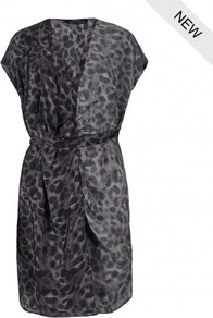 Leopard Dee Dee Dress - style: shift; neckline: low v-neck; sleeve style: capped; waist detail: fitted waist; predominant colour: charcoal; secondary colour: mid grey; occasions: evening; length: just above the knee; fit: straight cut; fibres: silk - 100%; sleeve length: short sleeve; trends: statement prints; pattern type: fabric; pattern size: standard; pattern: animal print; texture group: other - light to midweight