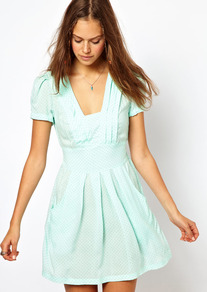 Spot Tulip Dress - length: mini; neckline: v-neck; sleeve style: puffed; pattern: polka dot; predominant colour: mint green; occasions: casual, evening, holiday; fit: fitted at waist & bust; style: fit & flare; fibres: viscose/rayon - 100%; hip detail: structured pleats at hip; back detail: keyhole/peephole detail at back; sleeve length: short sleeve; pattern type: fabric; pattern size: light/subtle; texture group: other - light to midweight