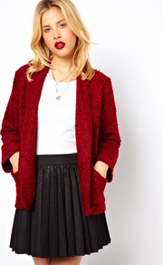 Blazer In Red Texture - pattern: plain; style: single breasted blazer; collar: shawl/waterfall; fit: loose; length: below the bottom; predominant colour: true red; occasions: casual; fibres: acrylic - mix; sleeve length: long sleeve; sleeve style: standard; texture group: knits/crochet; collar break: low/open; pattern type: knitted - other