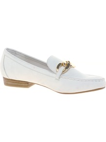 White Chain Front Loafers - predominant colour: white; secondary colour: gold; occasions: casual, evening, work, holiday; material: faux leather; heel height: flat; toe: round toe; style: loafers; finish: plain; pattern: plain; embellishment: chain/metal