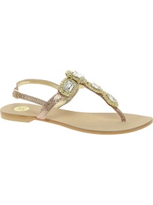 Jewelled Sandals - predominant colour: gold; occasions: casual, evening, holiday; material: leather; heel height: flat; embellishment: jewels; heel: standard; toe: toe thongs; style: flip flops / toe post; trends: metallics; finish: metallic; pattern: animal print