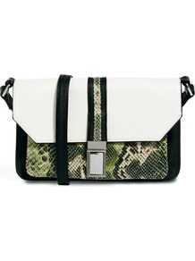 Across Body Bag With Snake Front Pocket - predominant colour: white; secondary colour: dark green; occasions: casual; type of pattern: standard; style: messenger; length: across body/long; size: small; material: faux leather; pattern: animal print; finish: plain