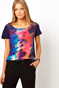 Tye Dye Silk Front Top - length: below the bottom; secondary colour: navy; occasions: evening; style: top; neckline: scoop; fibres: cotton - 100%; fit: loose; predominant colour: multicoloured; sleeve length: short sleeve; sleeve style: standard; texture group: sheer fabrics/chiffon/organza etc.; pattern type: fabric; pattern size: big & busy; pattern: patterned/print
