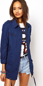 Four Pocket Utility Jacket - pattern: plain; length: below the bottom; fit: loose; style: parka; collar: high neck; predominant colour: navy; occasions: casual; fibres: cotton - 100%; sleeve length: 3/4 length; sleeve style: standard; texture group: cotton feel fabrics; collar break: high/illusion of break when open; pattern type: fabric; pattern size: standard