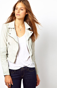Leather Jacket - pattern: plain; style: cropped; collar: asymmetric biker; length: cropped; fit: slim fit; predominant colour: ivory; occasions: casual; fibres: leather - 100%; sleeve length: long sleeve; sleeve style: standard; texture group: leather; collar break: high/illusion of break when open; pattern type: fabric