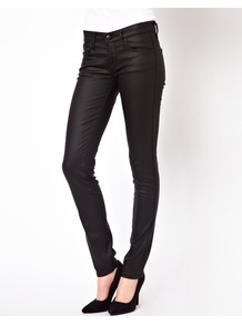 Coated Skinny Jeans - style: skinny leg; length: standard; pattern: plain; pocket detail: traditional 5 pocket; waist: mid/regular rise; predominant colour: black; occasions: casual, evening; fibres: cotton - stretch; texture group: waxed cotton; pattern type: fabric