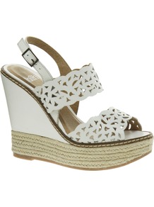 Dawson White Leather Wedge Sandals - predominant colour: white; secondary colour: white; occasions: casual, evening, holiday; material: leather; ankle detail: ankle strap; heel: wedge; toe: open toe/peeptoe; style: standard; finish: plain; pattern: plain; heel height: very high