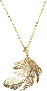 Gold Big Single Feather Necklace - predominant colour: gold; occasions: casual, evening, work, occasion, holiday; style: pendant; length: long; size: small/fine; material: chain/metal; trends: metallics; finish: metallic; embellishment: chain/metal