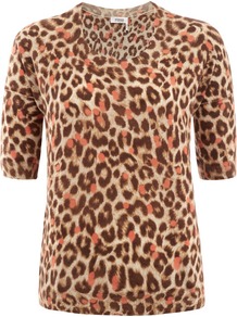 Beige Leopard Print Knitted Top - neckline: round neck; secondary colour: tan; occasions: casual, work; length: standard; style: top; fibres: wool - 100%; fit: straight cut; predominant colour: multicoloured; sleeve length: half sleeve; sleeve style: standard; texture group: knits/crochet; pattern type: knitted - fine stitch; pattern size: standard; pattern: animal print